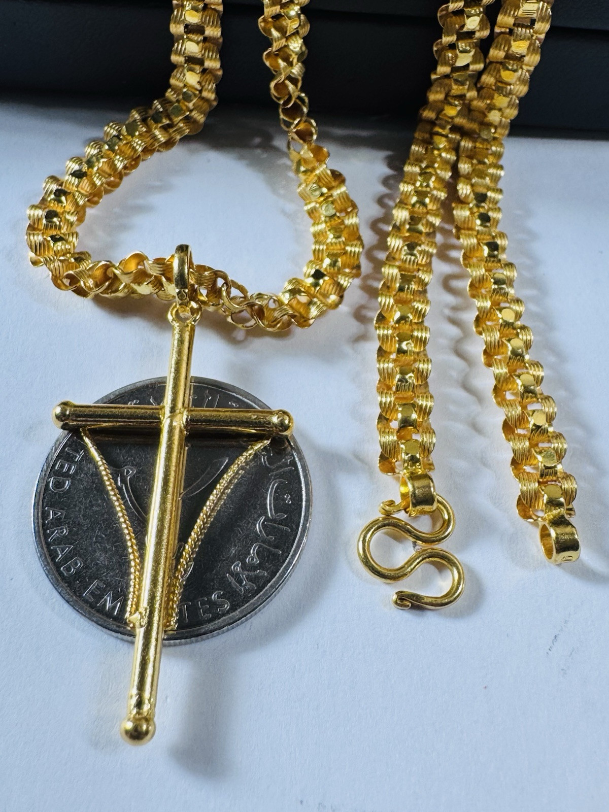 Solid Genuine 22K 916 Dubai Gold Rare Cross Necklace 17.5/18 Inch 6mm 21.72g