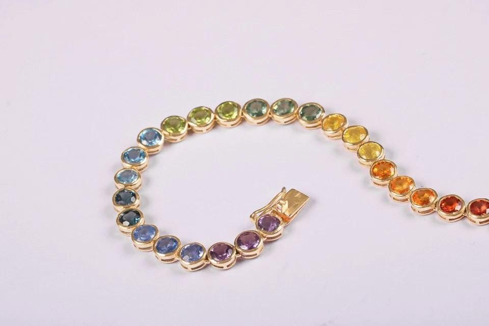 Rainbow Sapphire Tennis Necklace Solid 14kYellow Gold Layering Colorful Necklace
