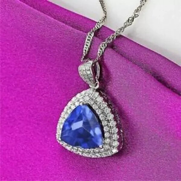 2Ct Trillion Cut Blue Tanzanite Double Halo Pendant 14K White Gold Over With Cha