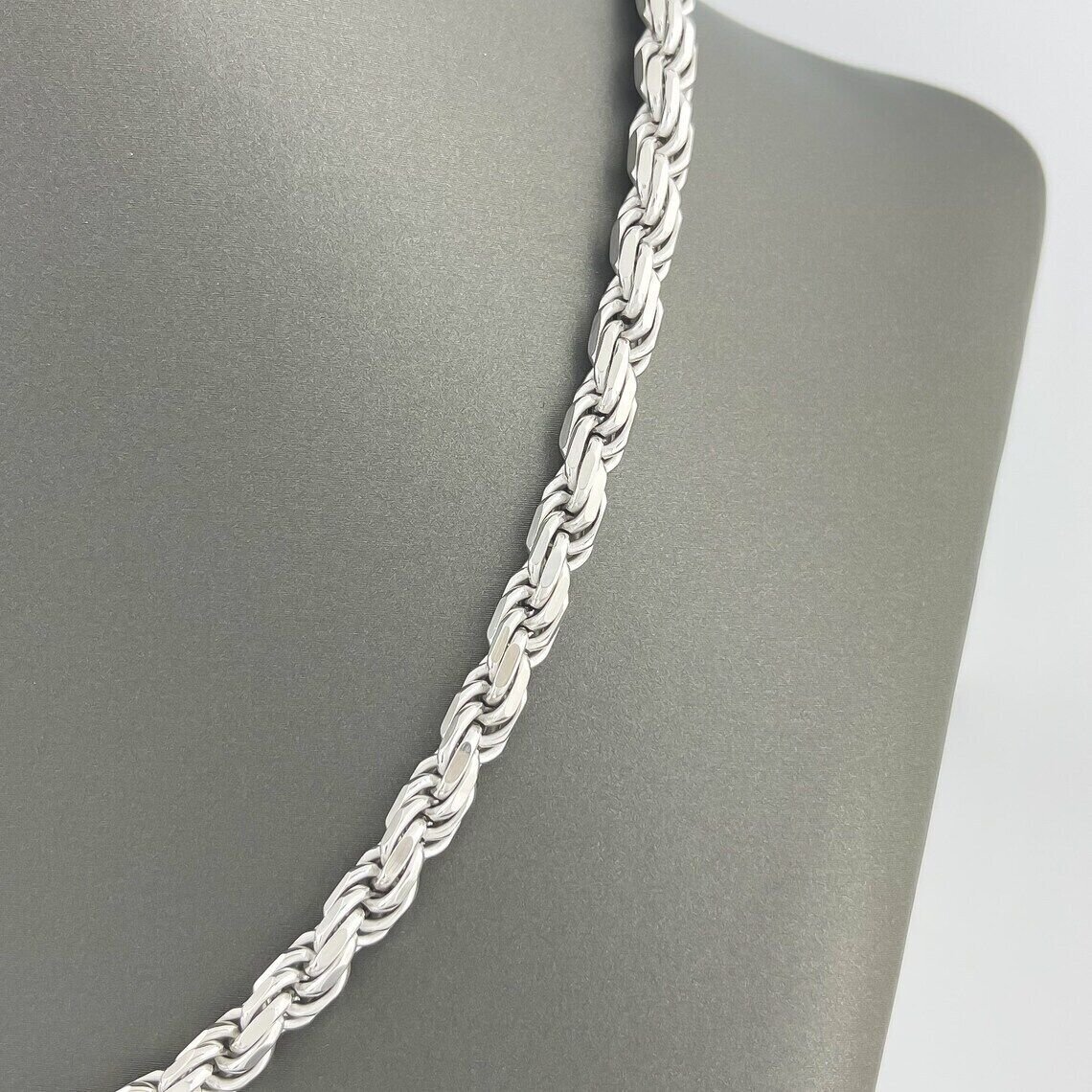 925 Sterling Silver Diamond Cut Rope Chain 5mm Mens Necklace Rhodium Finish