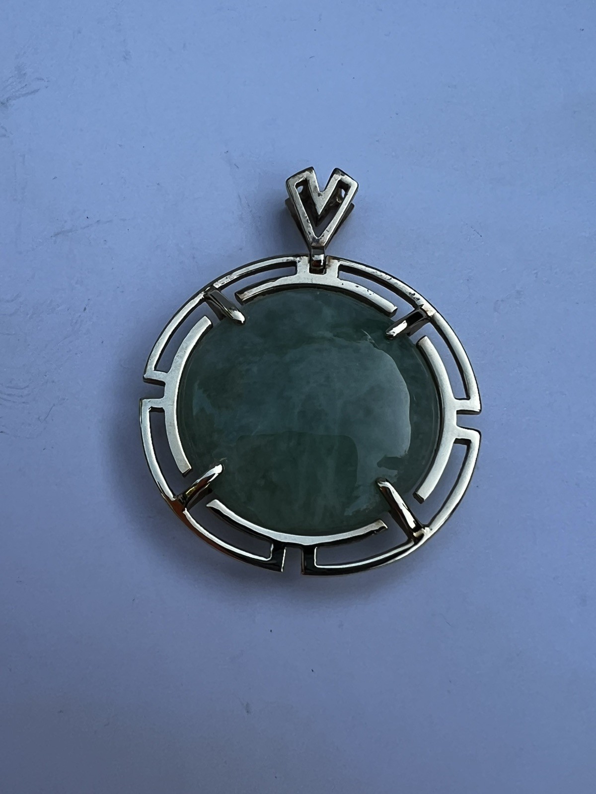 FINE HK 14k Yellow Gold Chinese Green Jade Disc Greek Key Pendant 8.5gr Jewelry