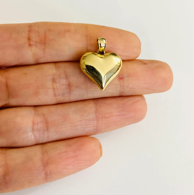 14K Gold Puffy Heart Charm Pendant, 14k Real Solid Gold 3-D Heart Pendant-14KC29