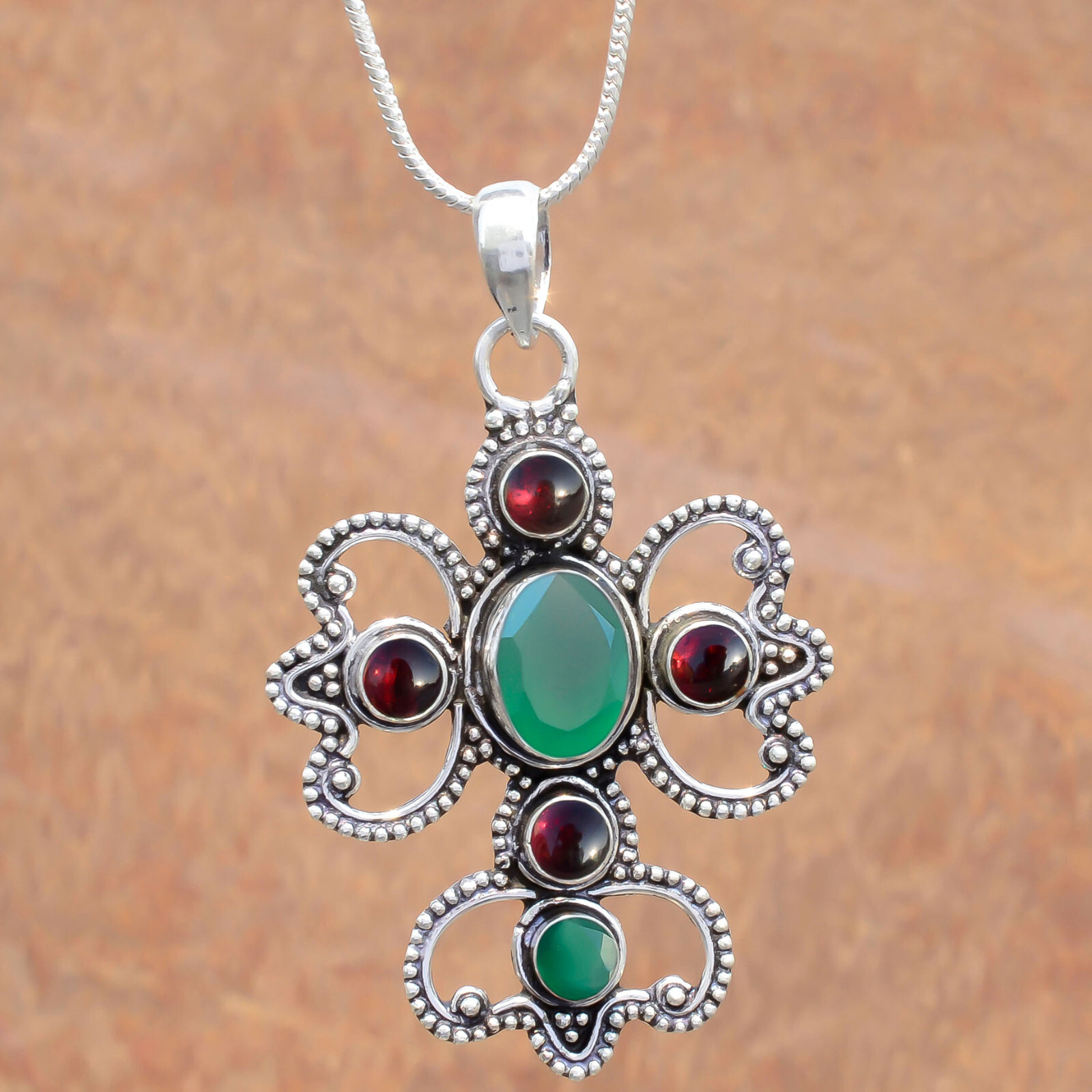 Green Onyx & Garnet Gemstone 925 Sterling Silver Cross Beauty Art Gift Pendant