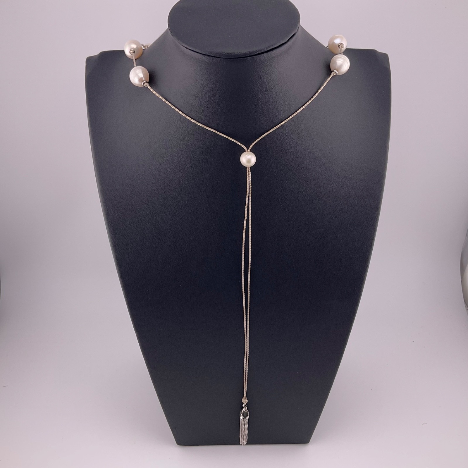 LUC Lucas Lameth Genuine Baroque Pearl Lariat Necklace Sterling Silver Tassel