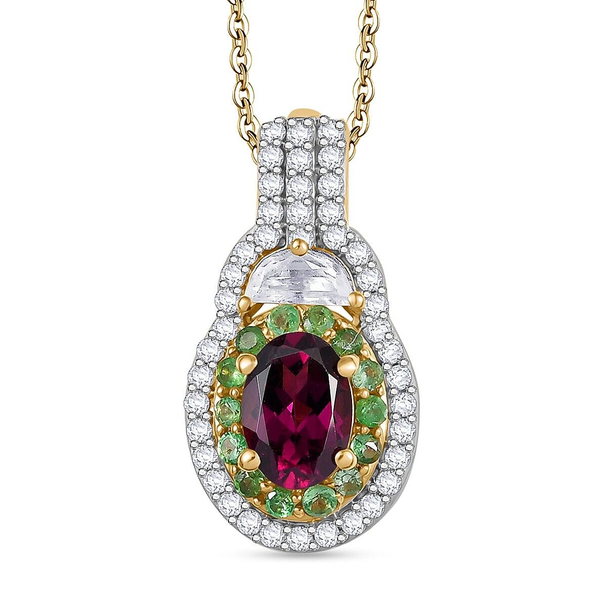 1.85ctw Radiant Ember Garnet & Multigem Halo Pendant & 20″ Chain Vermeil Plated
