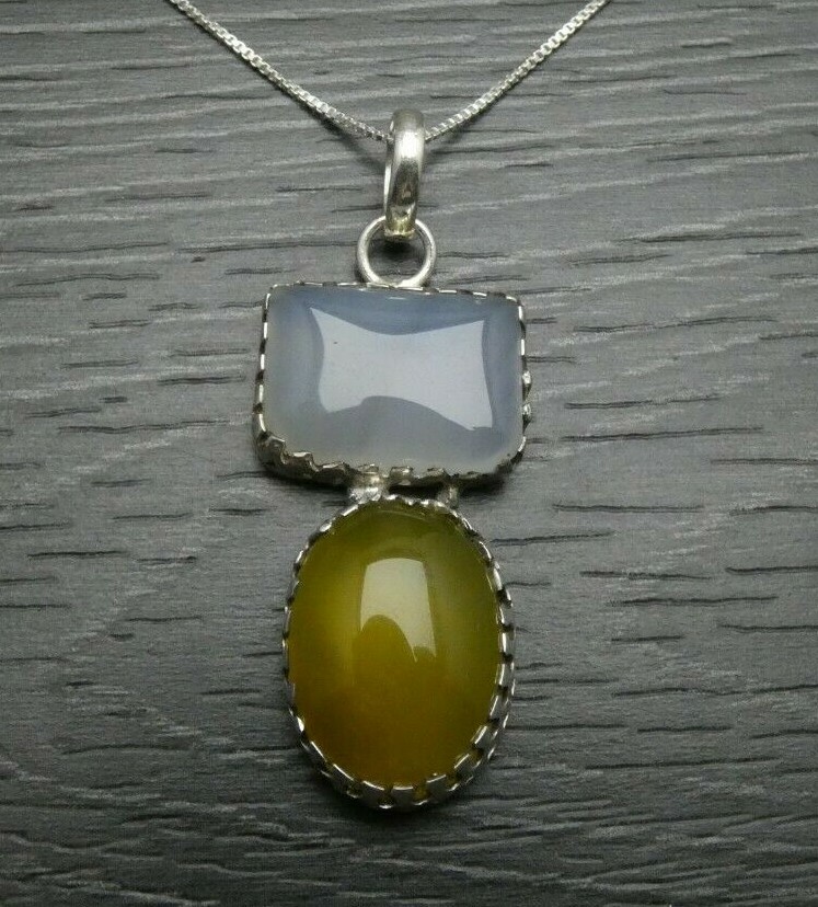Vintage Sterling Silver Yellow Opaque Teardrop Pendant Box Necklace 18 inches