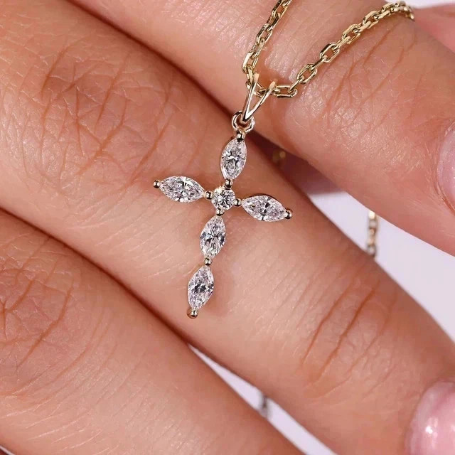 1Ct Marquise Cut Lab Created Diamond Women’ Cross Pendant 14K Yellow Gold Plated