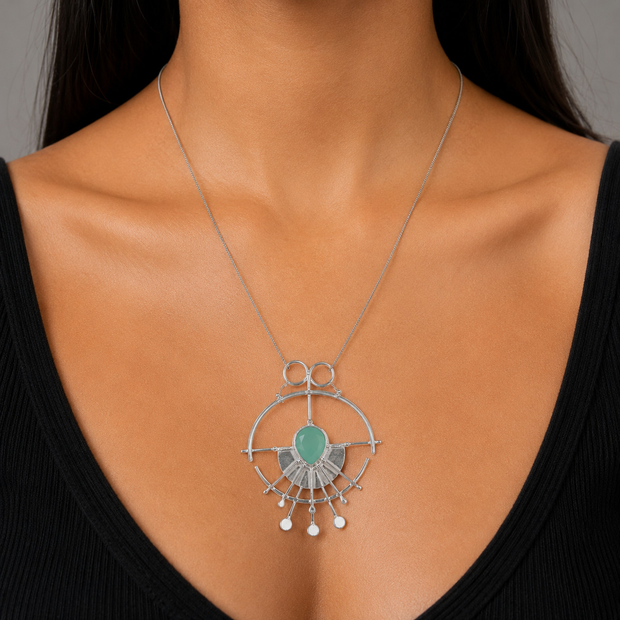 Aqua Chalcedony Gemstone Jewelry 925 Silver Handmade Dainty Pendant 2.2″ For Her