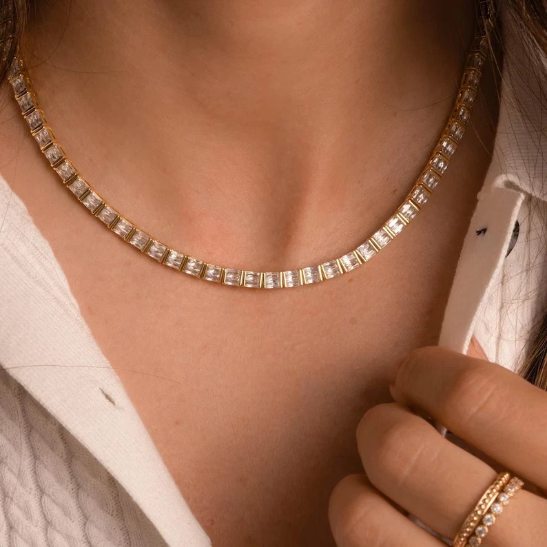 15TCW Baguette Cut Lab Created Diamond Tennis Necklace 14k Yellow Gold Plated