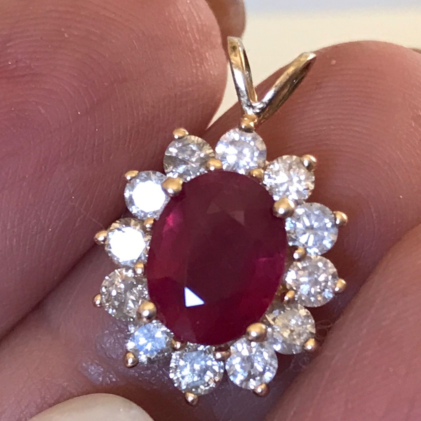 14k diamond ruby pendant halo yellow gold oval round red glass filled