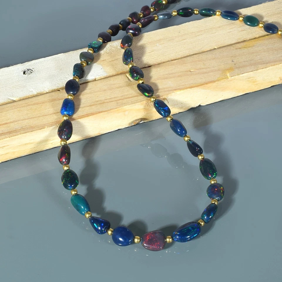 Natural Welo Fire Black Opal Tumble Beads Necklace 925 Silver Handcrafted Chain