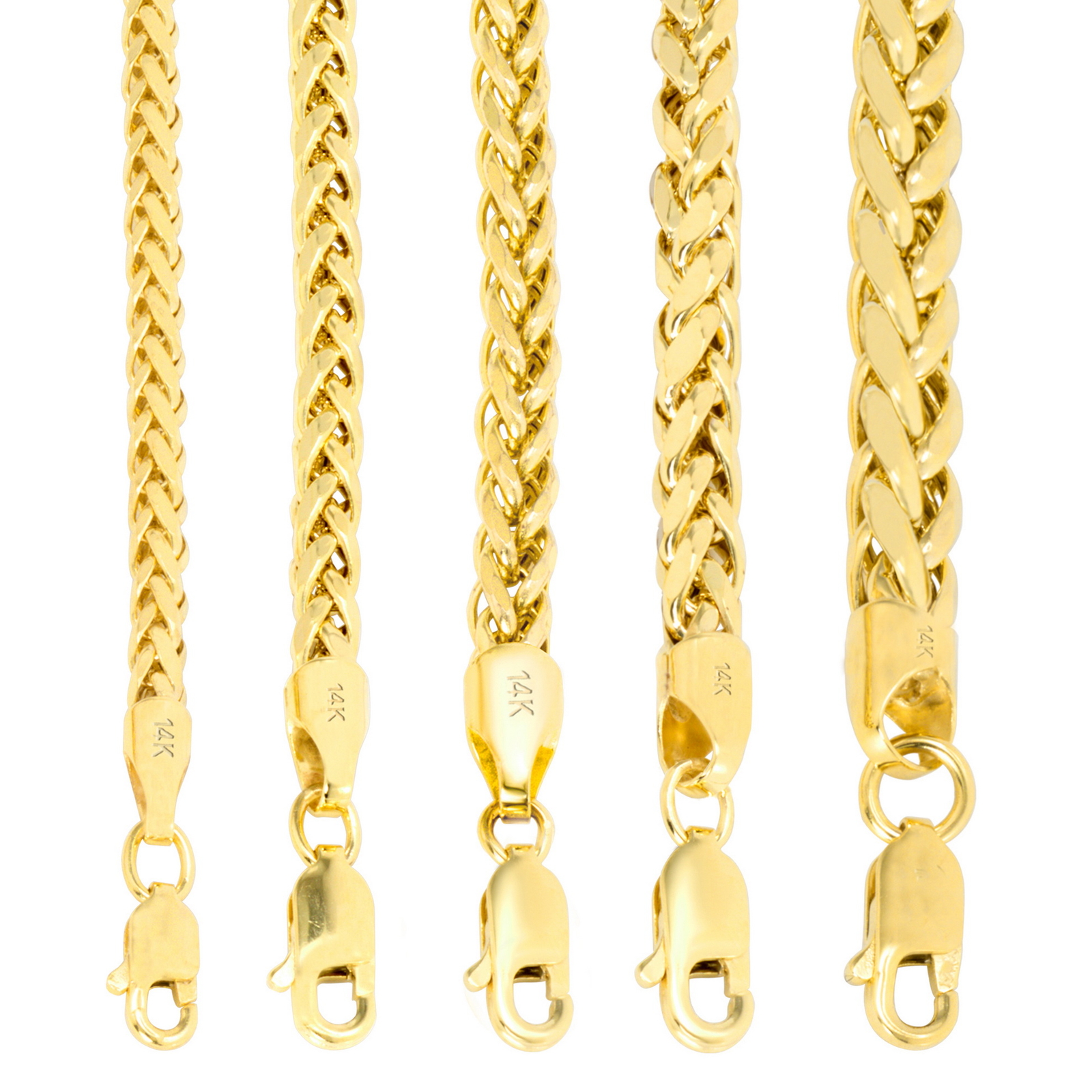 14K Yellow Gold 2.5mm-5mm Round Wheat Palm Franco Spiga Chain Necklace 16″- 30″