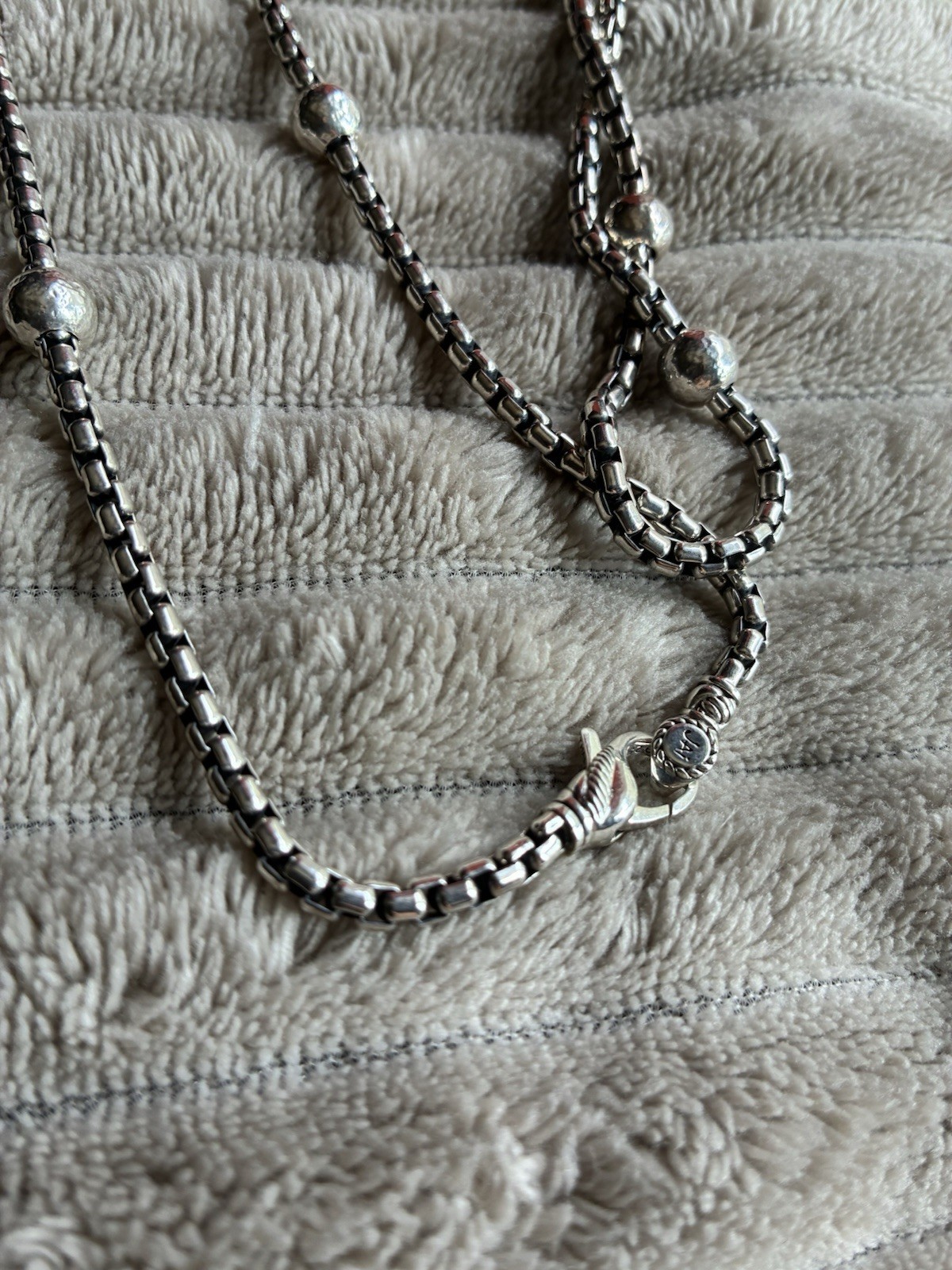 JAI Sterling Silver Box Chain Bead Station Necklace 24″