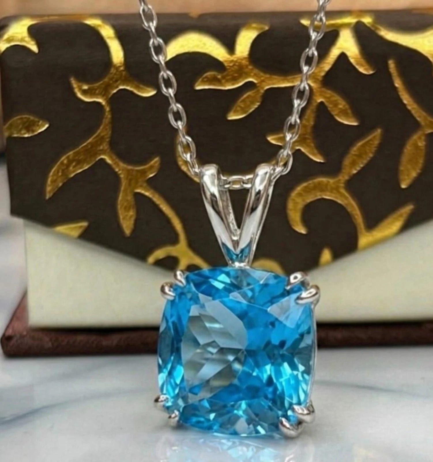 Certified Natural Swiss Blue Topaz Pendant 925 Sterling Silver Cushion Cut 50 Ct