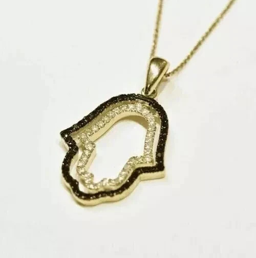 Hamsa Hand Pendant 2Ct Round Lab-Created Black Diamond 14K Two-Tone Gold Plated