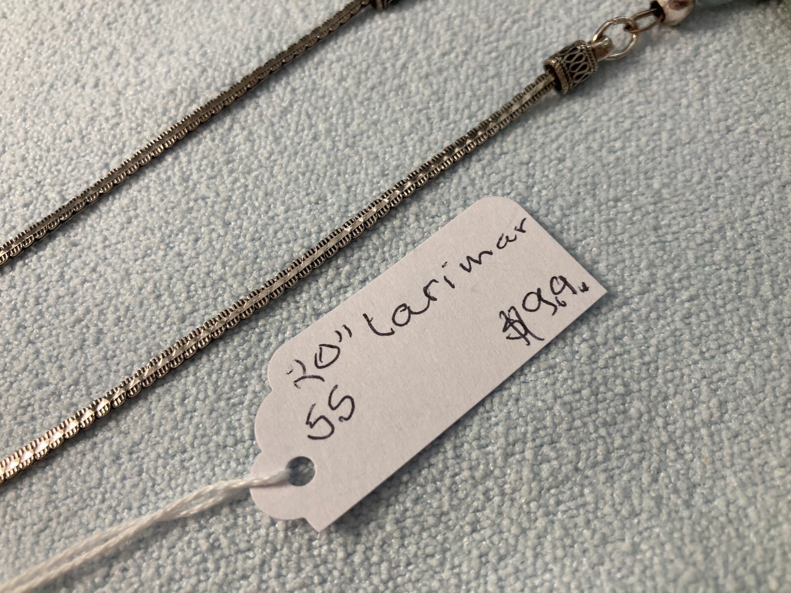 .925 Sterling Silver 20″ Rough Cut Nuggets Larimar Necklace Bali style chain