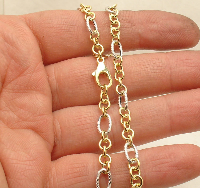 Textured Oval & Circle Rolo Chain Necklace Real 14K Yellow White TwoTone Gold