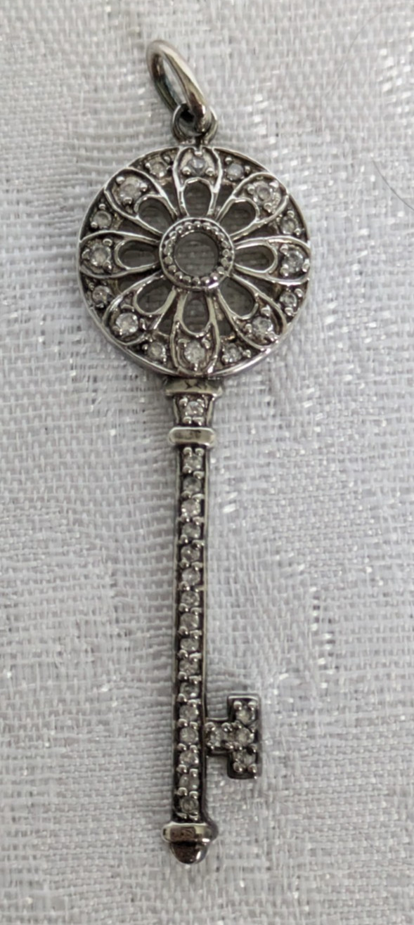 Sterling Silver 925 Key Pendant Filigree Clear CZ Crystals