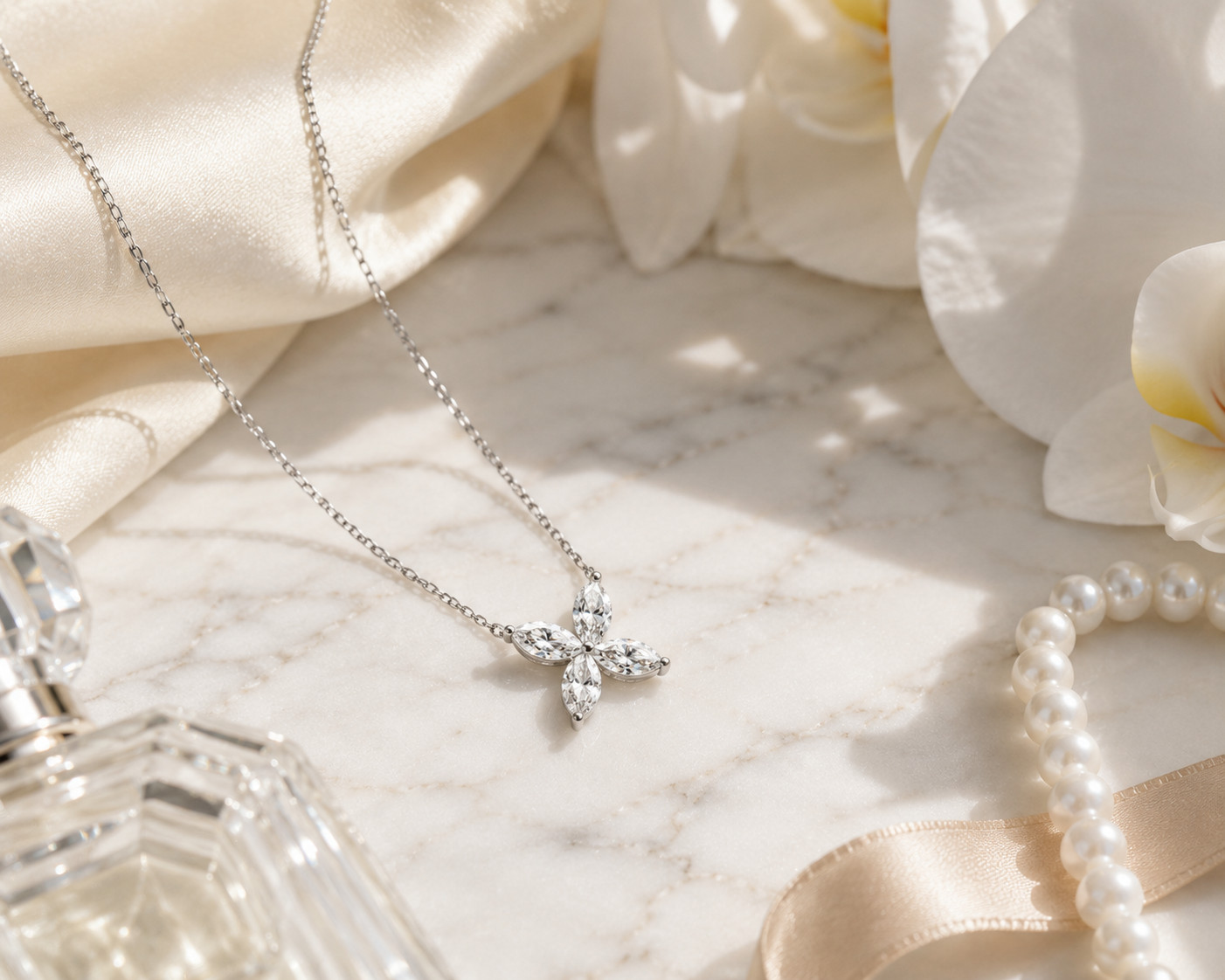 1.34 CT Marquise Lab Grown Diamond Flower Pendant Necklace 14K White Gold
