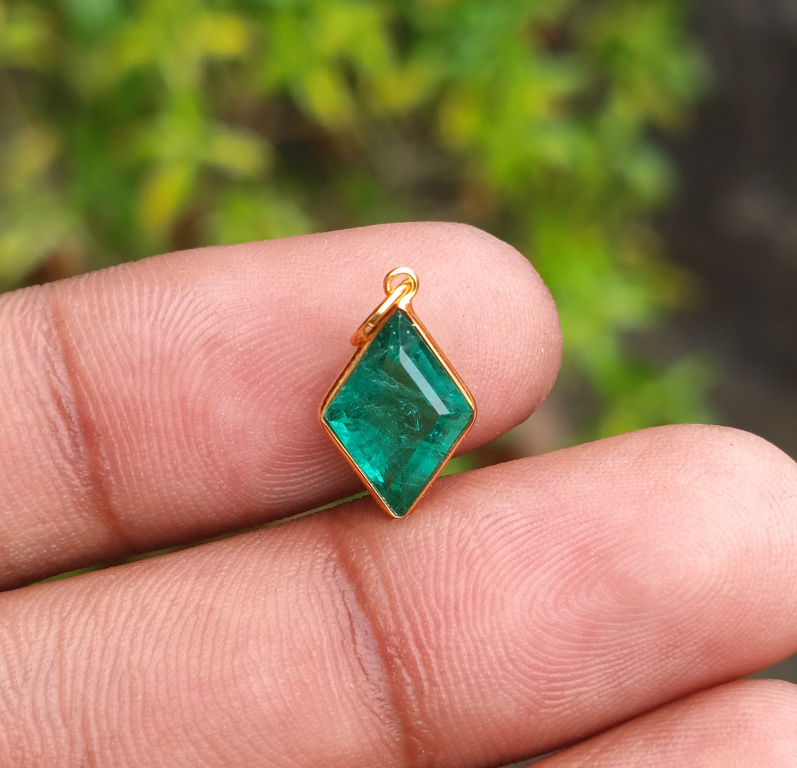 Emerald Gold Pendant, 18k Solid Gold Charm Handmade Necklace Gemstone Pendant