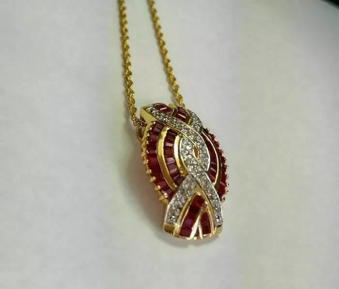 14k Yellow Gold Plated 2Ct Ruby & Diamond Women’s Pendant 18″ Chain Necklace