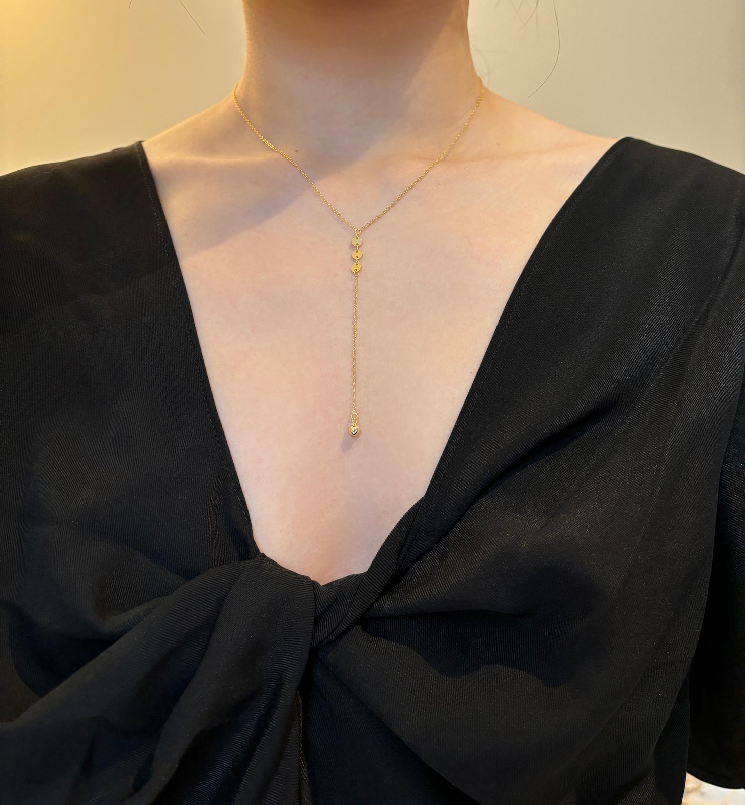 14K Gold Plated S925 Sterling Silver Chain Y Lariat Necklace Sequin Bead Pendant