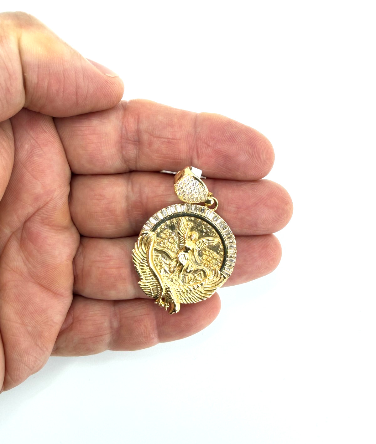 14K Solid Gold Centenario 50 Pesos Pendant Mexican Angel Eagle CZ Baguette Frame