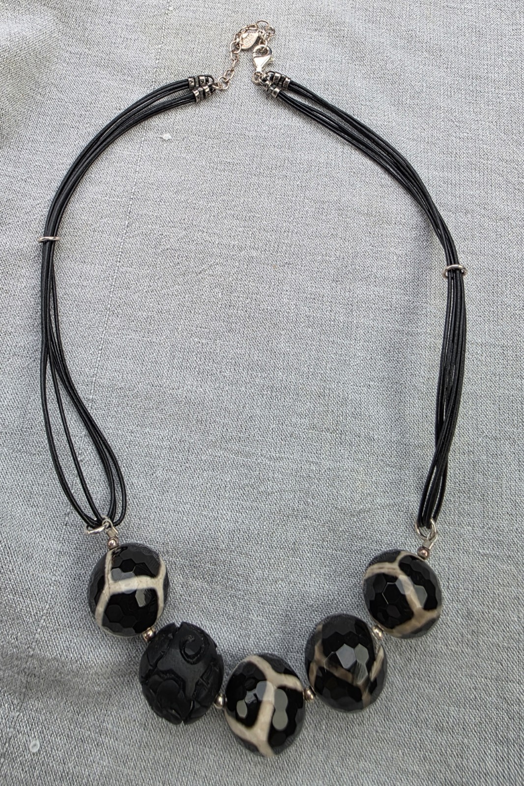 black white “BARSE” faceted Silver Leather Choker adjustable Necklace 19″ A11