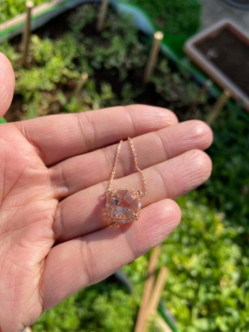 2Ct Cushion Cut Simulated Morganite Women’s Pendant 14K Rose Gold Plated Silver