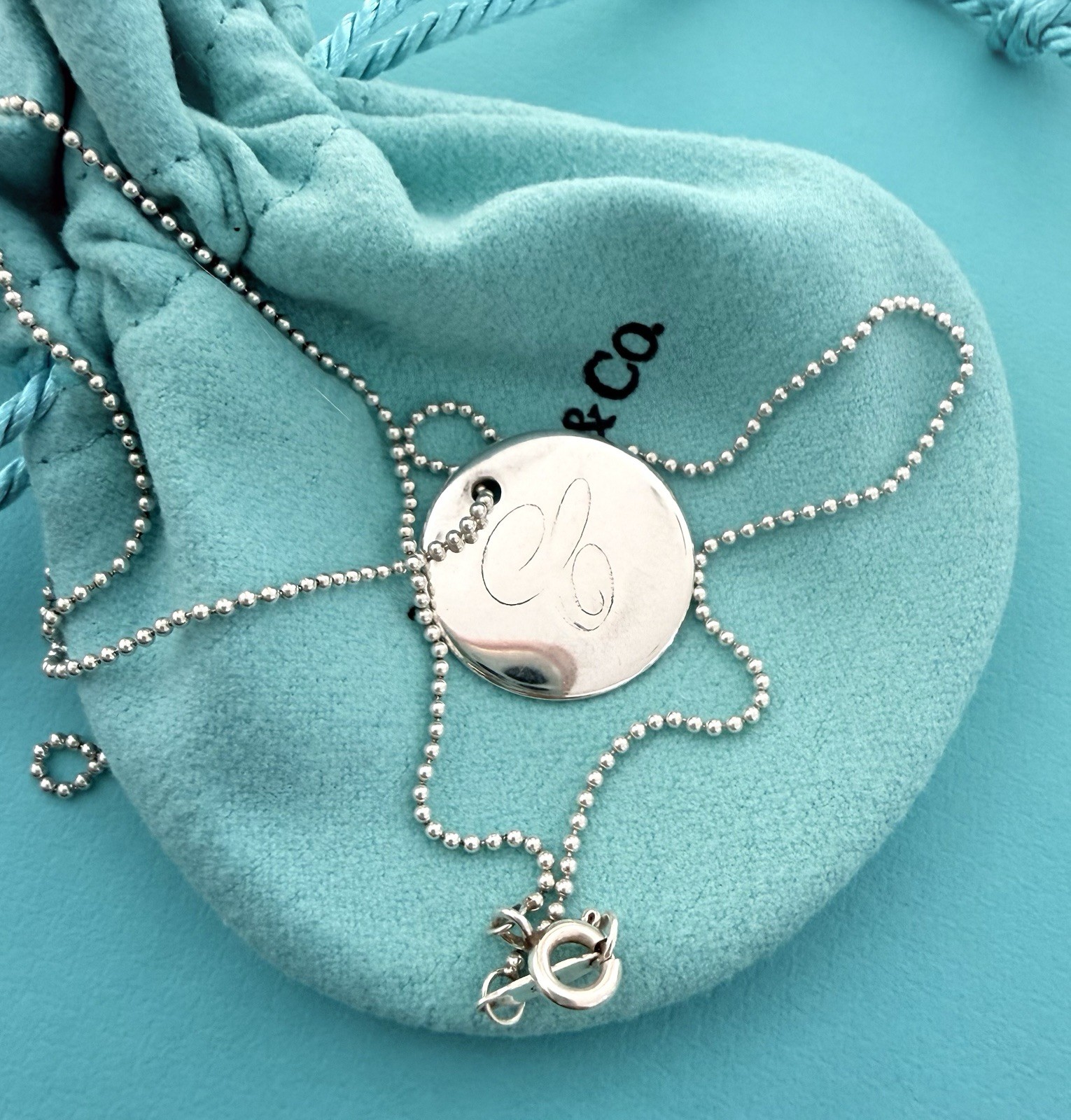 Tiffany & Co. Large Initial Alphabet Letter C Disc Necklace 18″ Sterling Silver