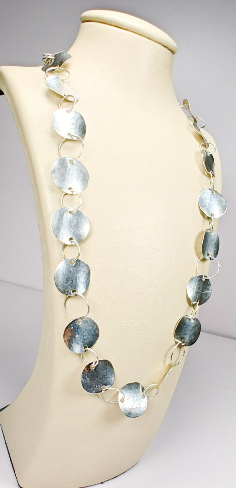 925 Sterling Silver Hammered Disc Link Necklace 26″ 25.22g Large Circles Tested