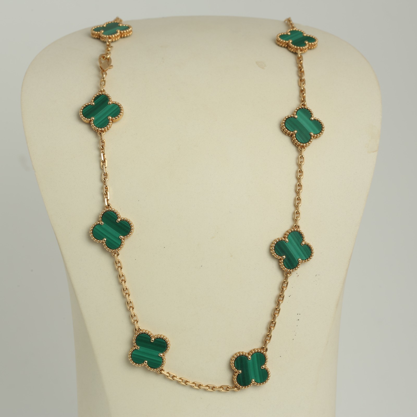 Van Cleef Arpels Malachite 10 Motif Vintage Alhambra 18k Gold Necklace 17″ POUCH