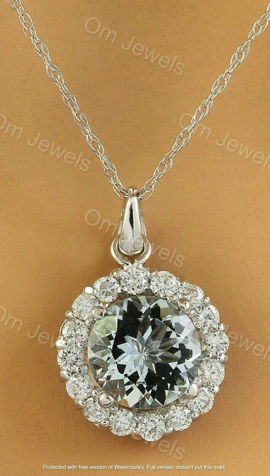 2Ct Round Cut Aquamarine Diamond Halo Pendant 14K White Gold Finish 18″ Chain