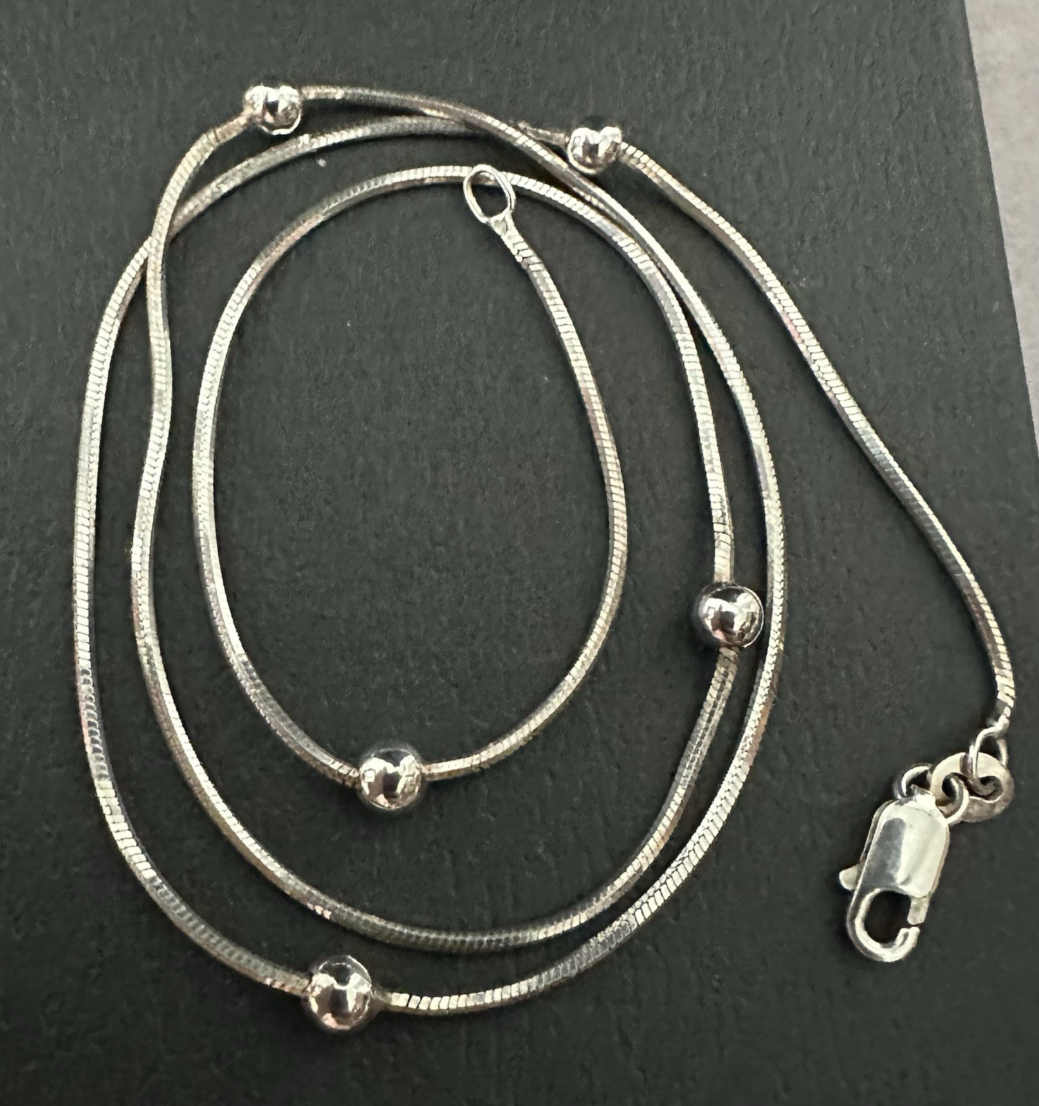 925 Italy Sterling Silver 17″ Snake Chain Station Necklace 5 Round Beads 6g