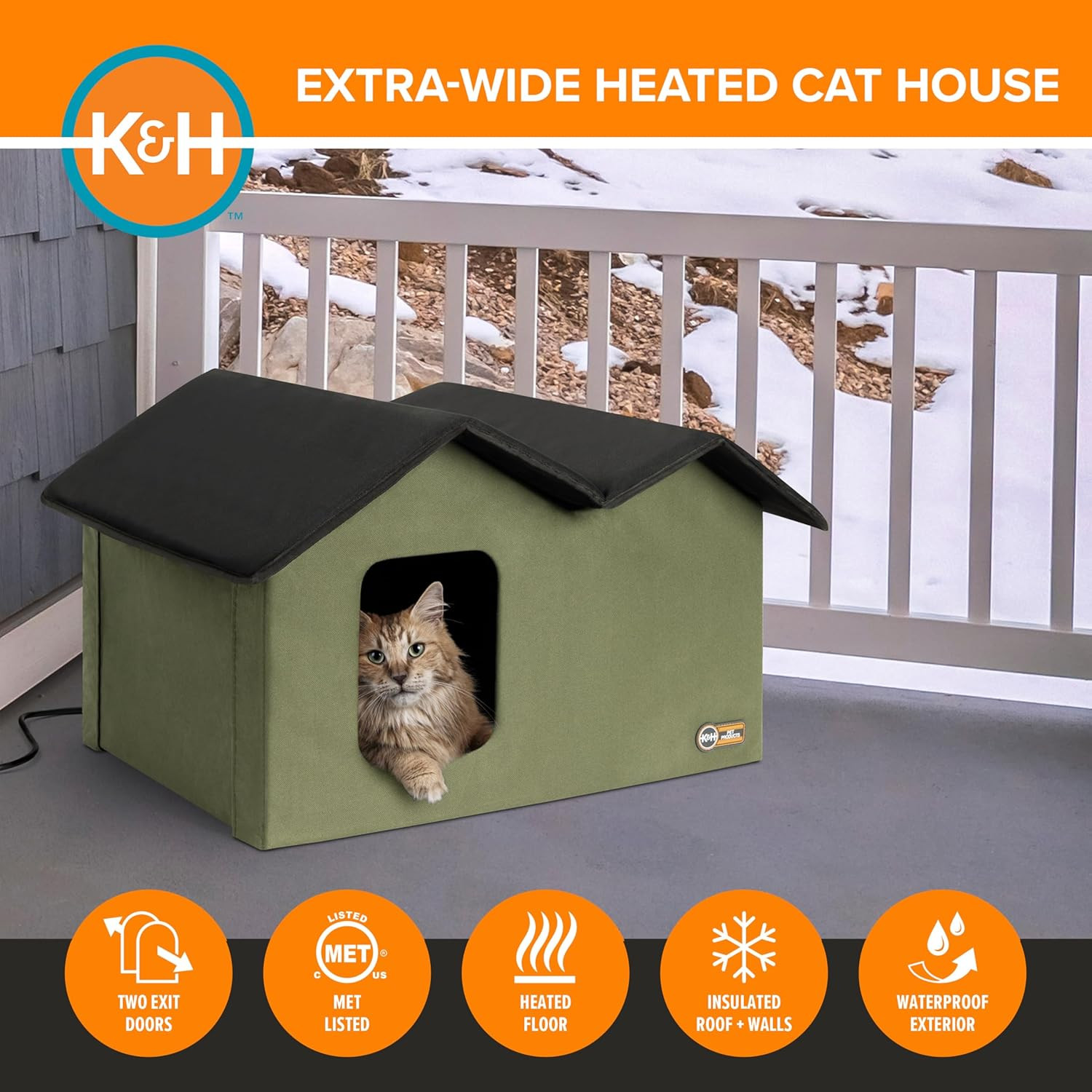 Extra-Wide Heated Cat House for Outside, Outdoor Cat House with 2 Safe Escape Do