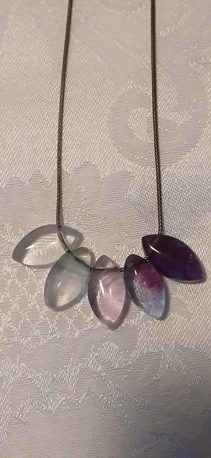 925 Snake Chain Necklace,Amethyst, Smokey Quartz, 5 Teardrop Pendants, 9.5″L