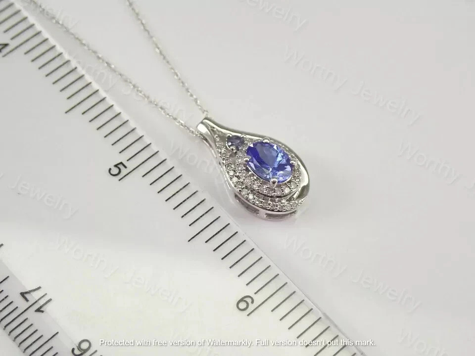 2Ct Oval Cut Tanzanite & Diamond Halo Pendant 14K White Gold Finish Free Chain