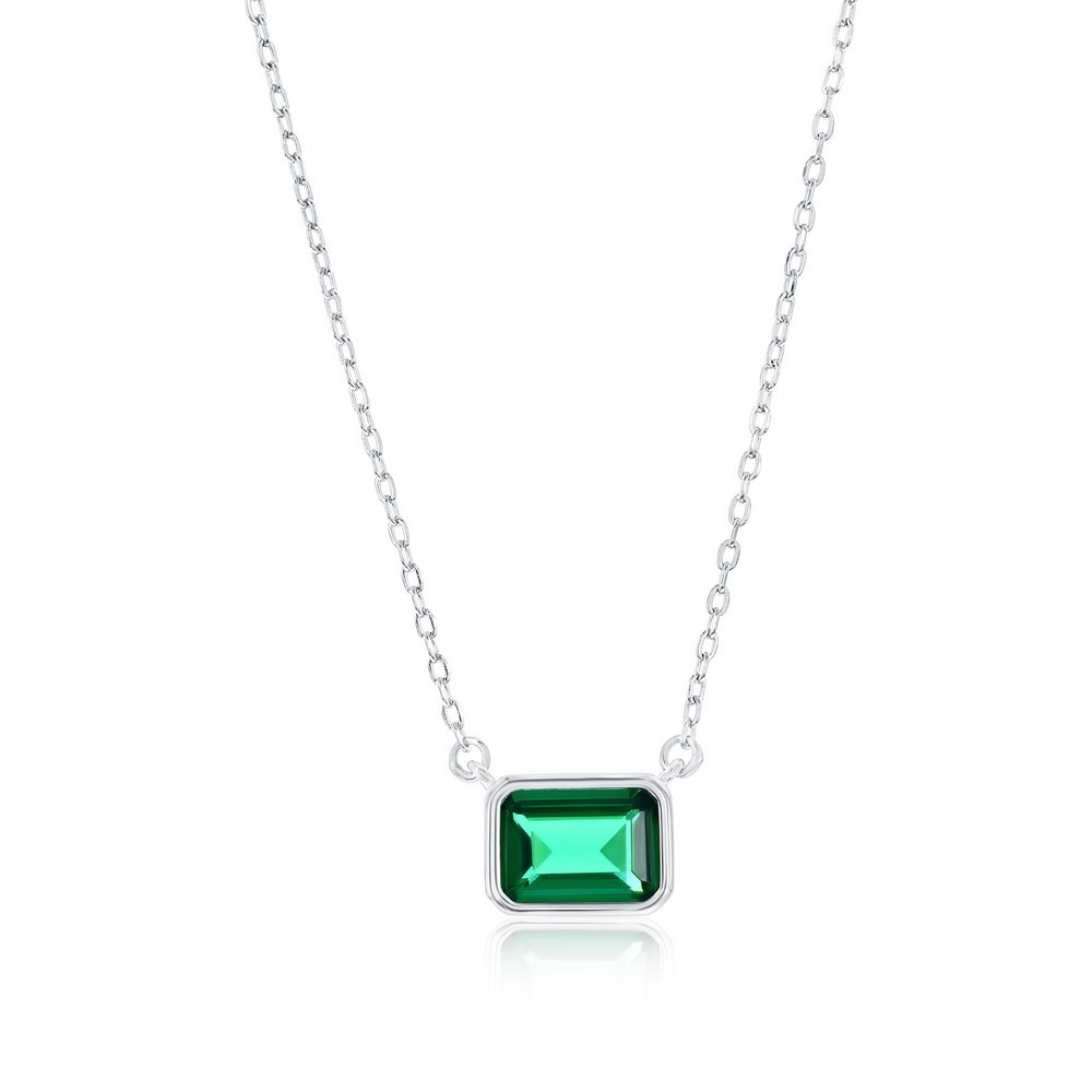 Sterling Silver, ‘May’ Birthstone Rectangle CZ Necklace – Emerald