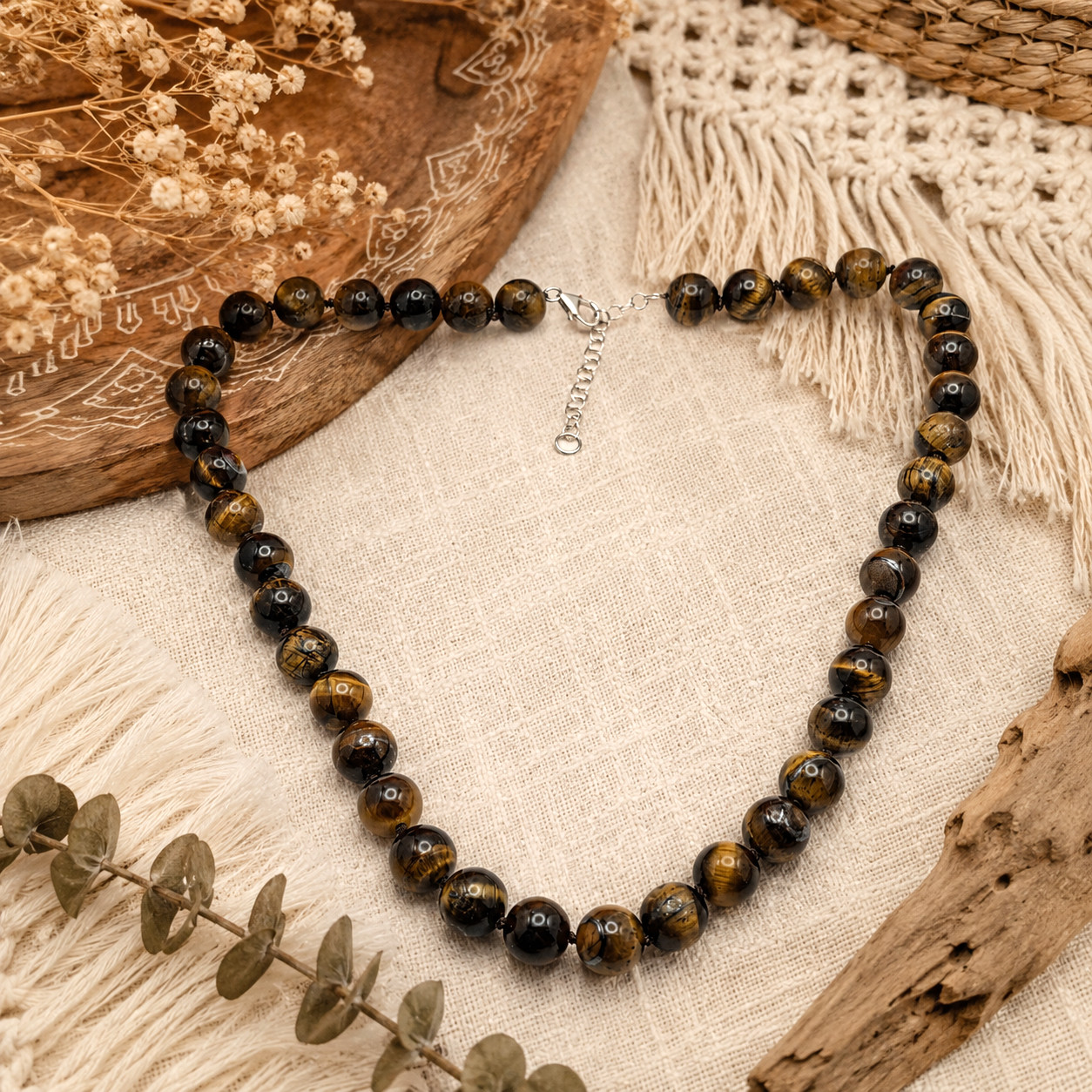 Genuine Tiger’s Eye Beaded Necklace Hand Knotted 925 Sterling Silver 20 In BBJ