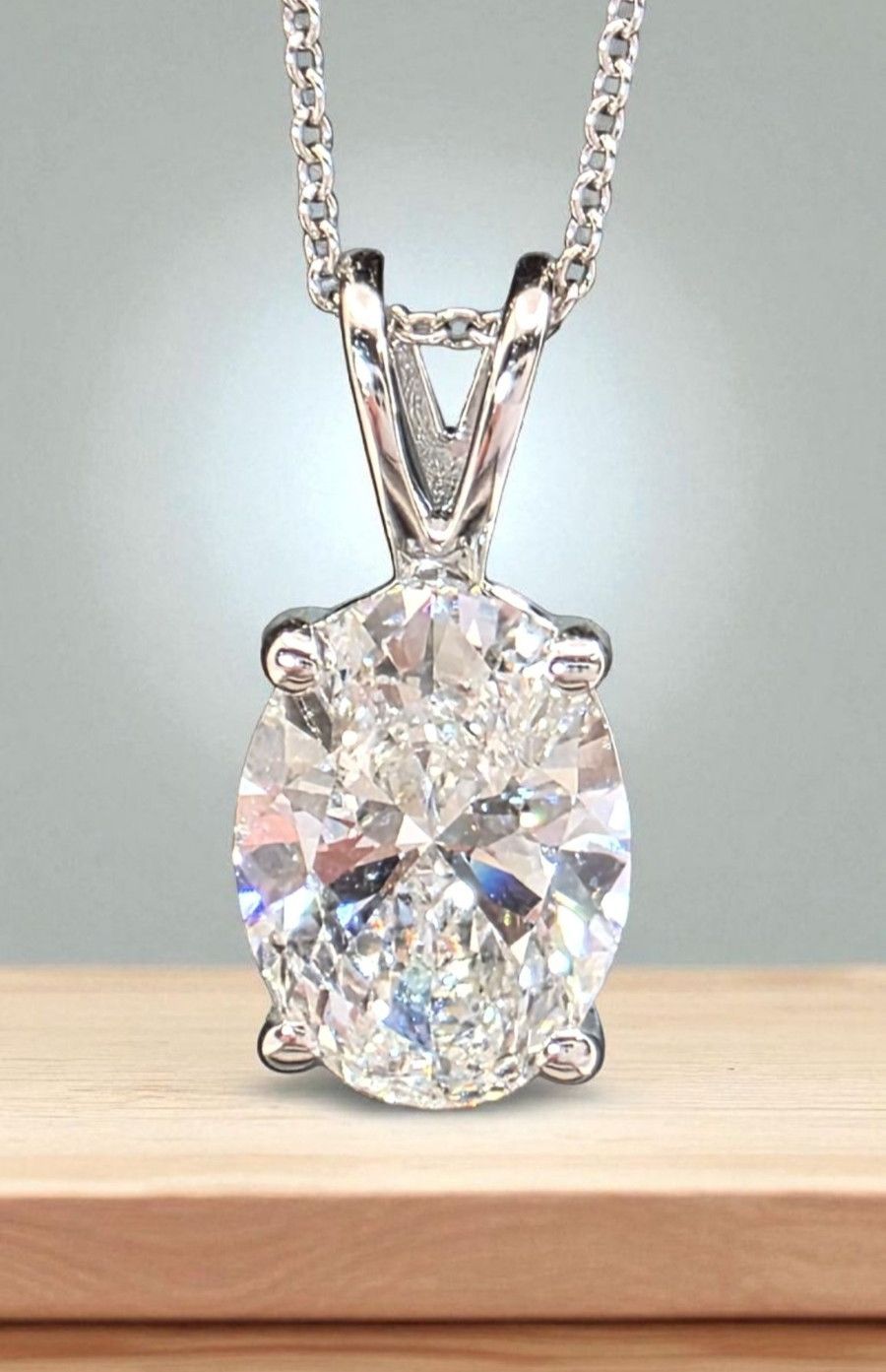 5 Ct F VS1 Oval Lab Grown Diamond Pendant 14k White With Chain IGI Certified