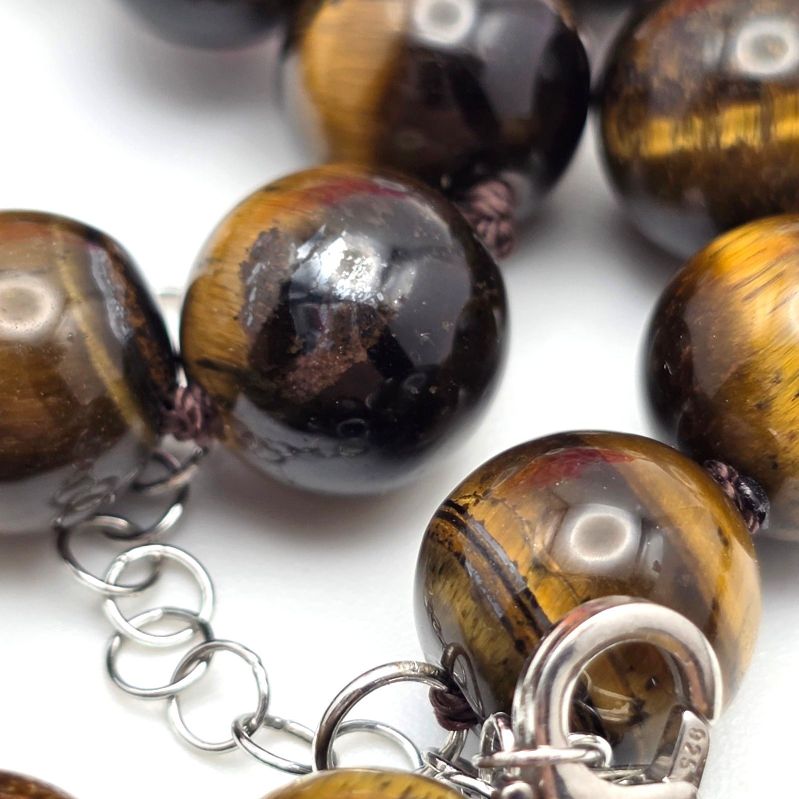 Genuine Tiger’s Eye Beaded Necklace Hand Knotted 925 Sterling Silver 20 In BBJ