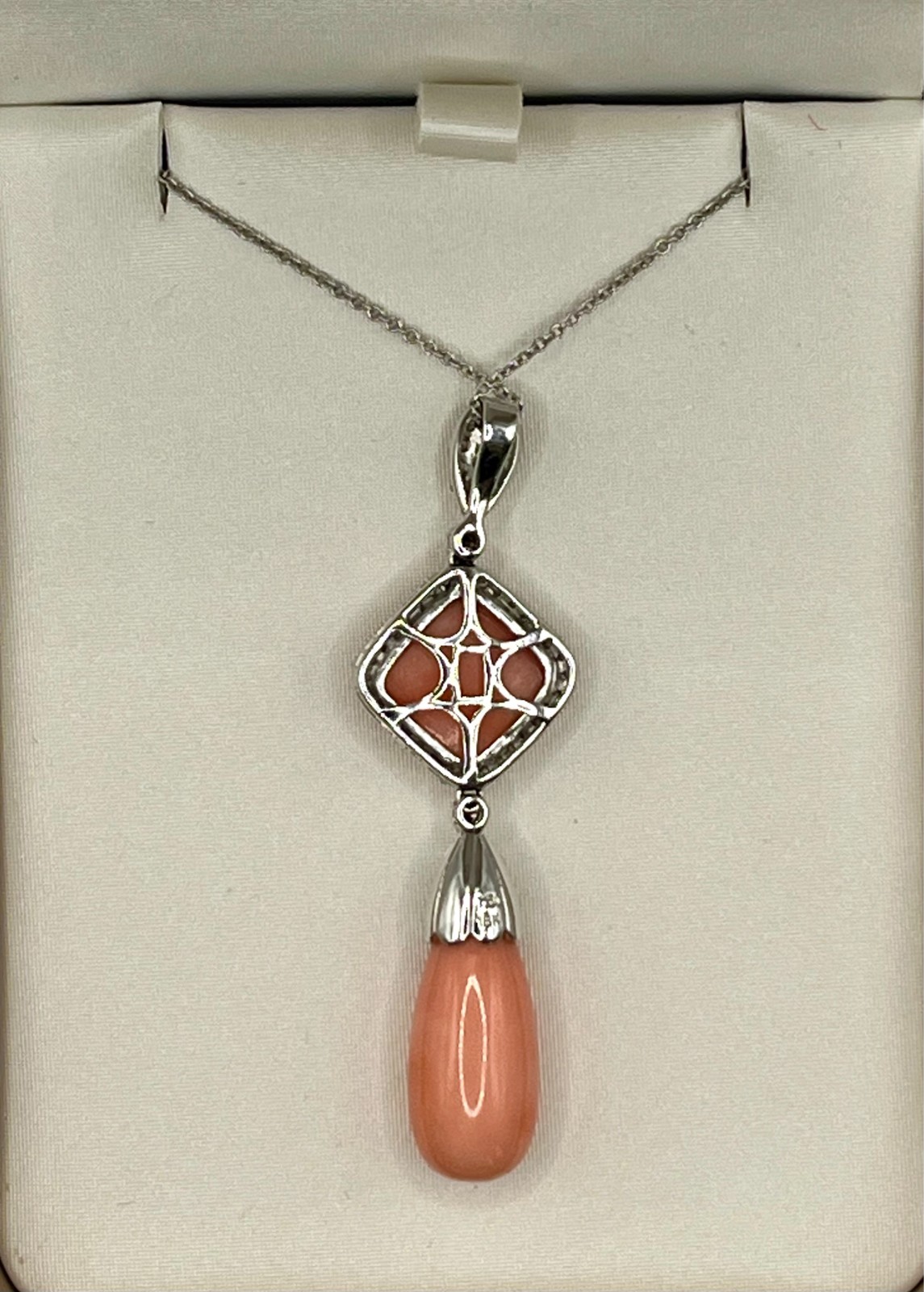Pink Coral 18K White Gold Pendant and Necklace with Diamonds, 15″ Length