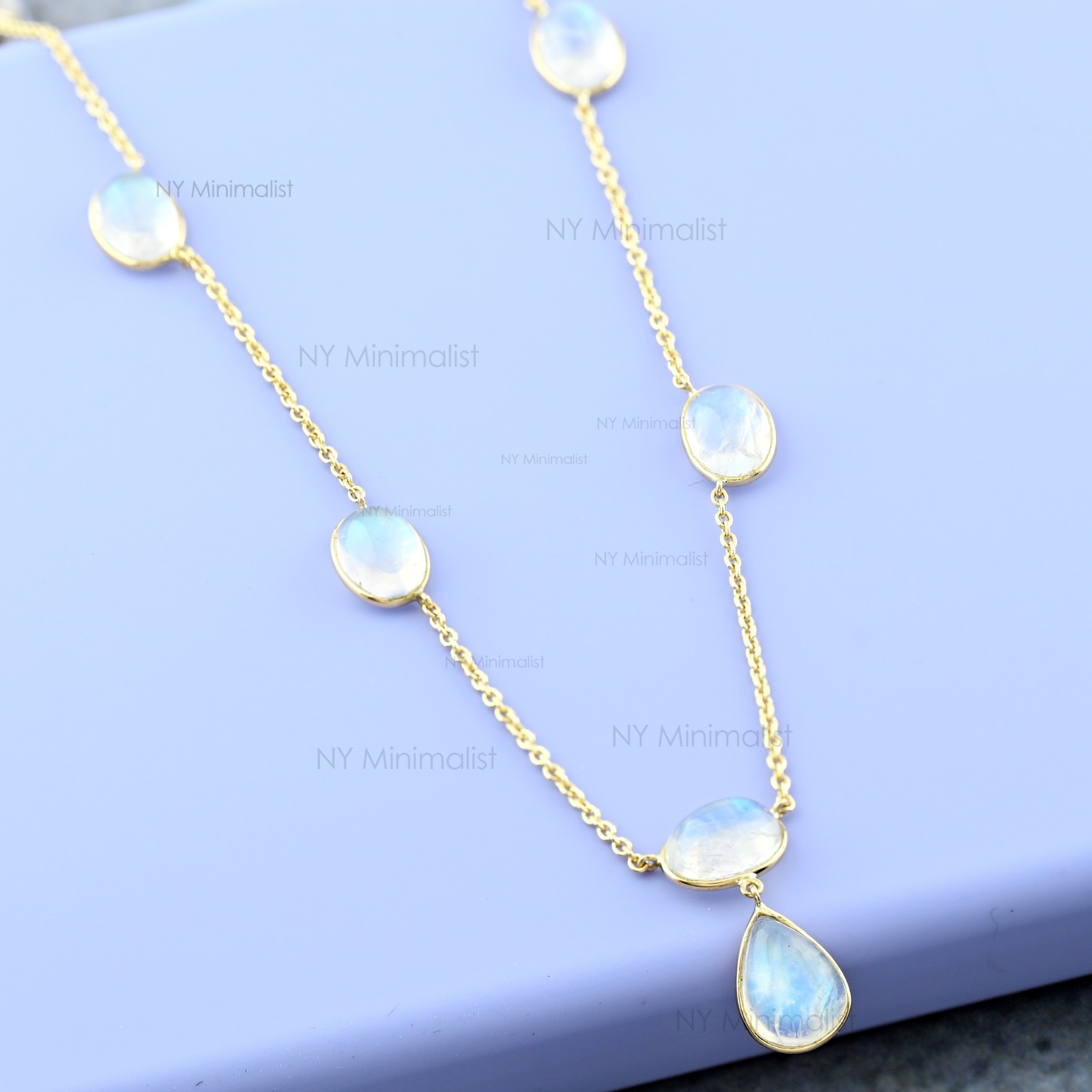 Solid 14K Yellow Gold Genuine Rainbow Moonstone Charm Necklace June Birthstone