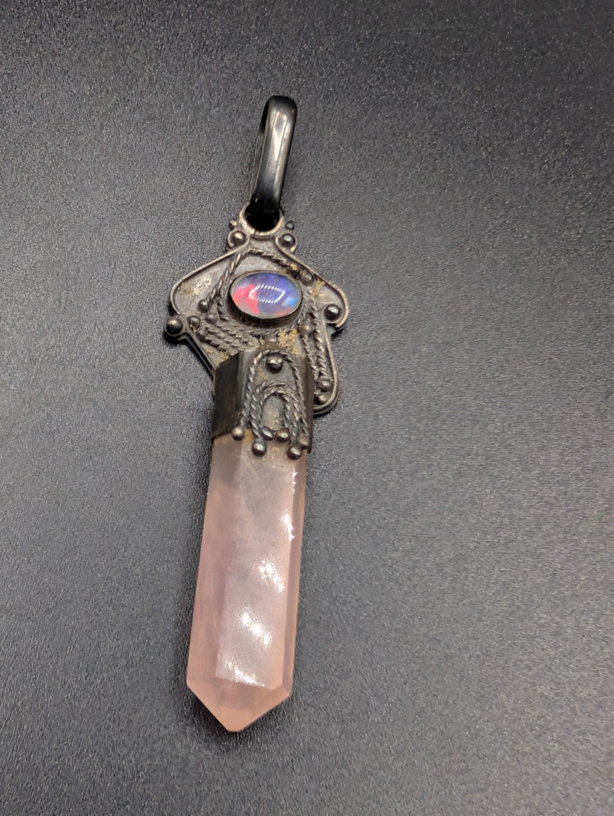 Unique Oxydised Sterling Silver Rose Quartz Point Ornate Pendant