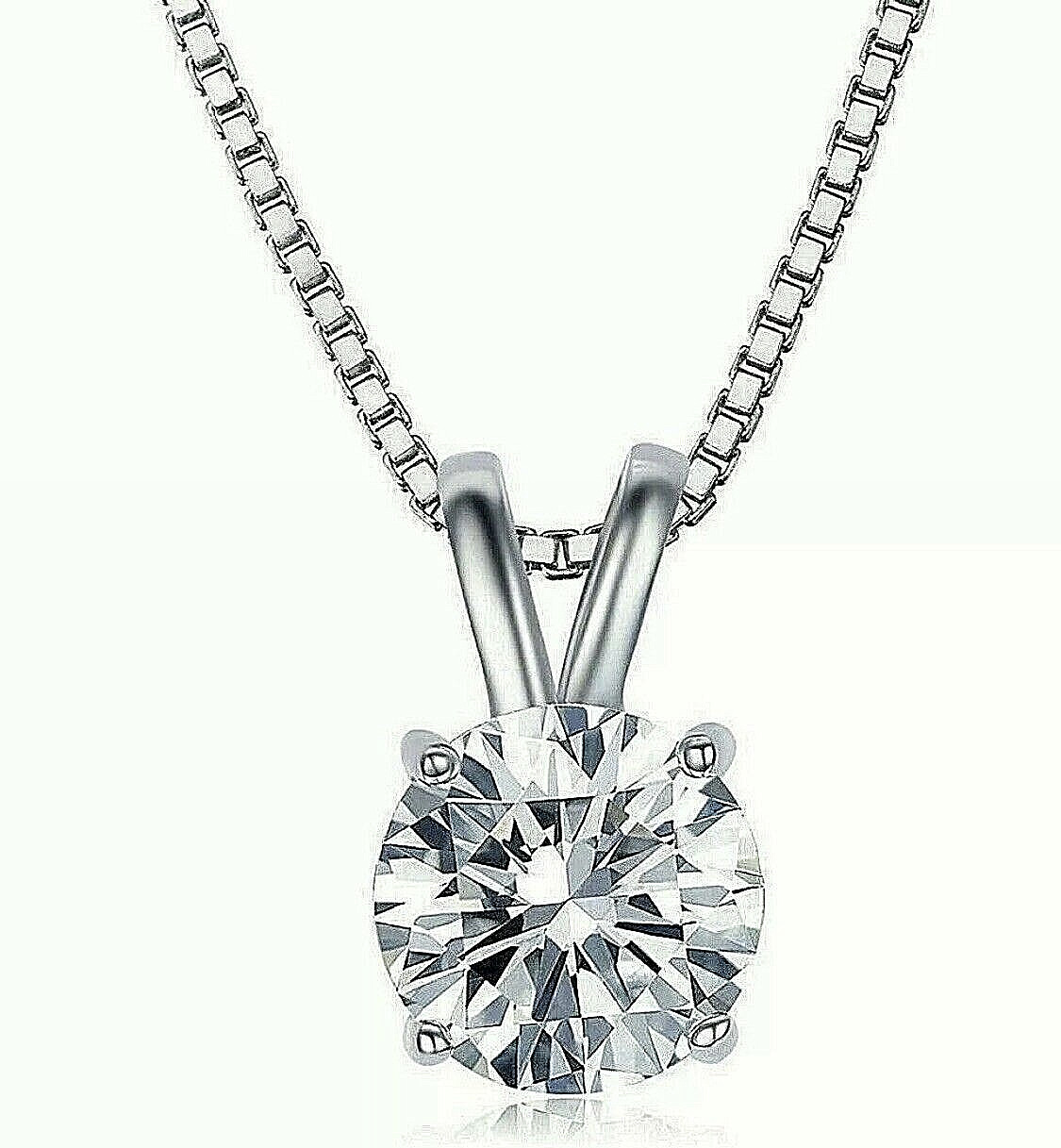 2 Ct Round Cut FL/D Real Moissanite Pendant 18″ Box Necklace 14K White Gold 8mm