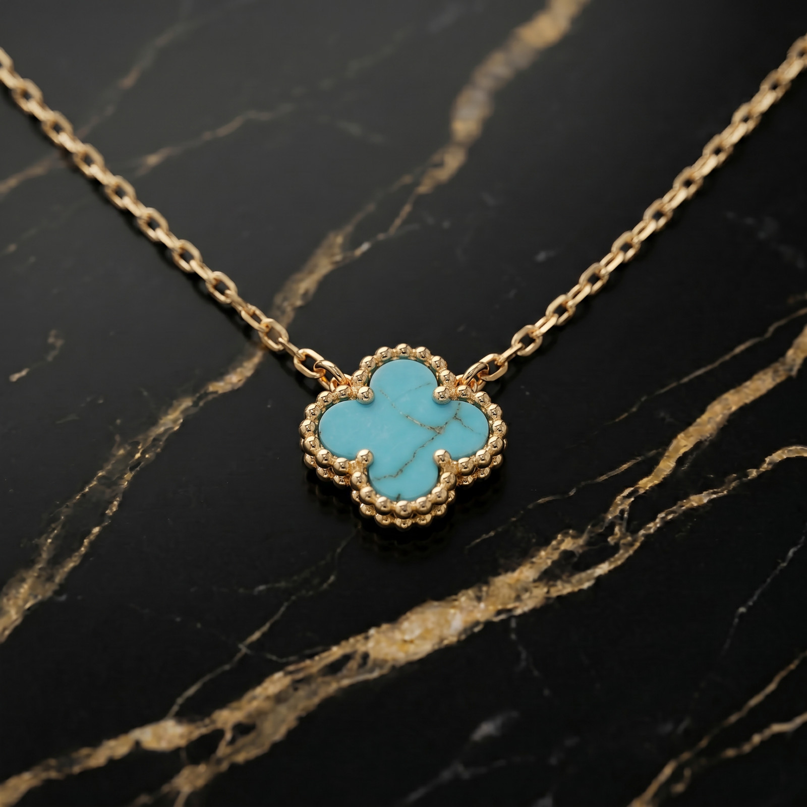 Natural Turquoise Clover 18” Adjustable Necklace 14k Gold/925 Sterling Silver
