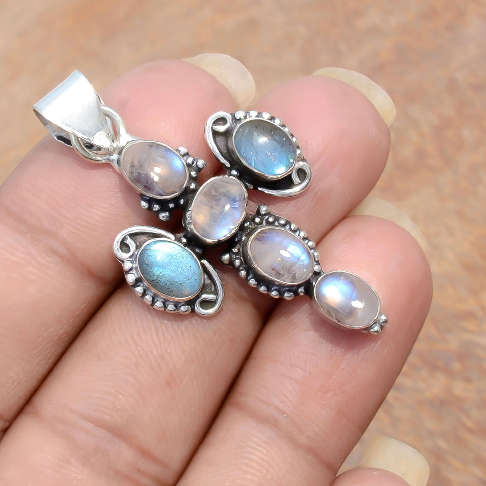 Labradorite & Moonstone Gemstone 925 Sterling Silver Cross Beauty Art Pendant