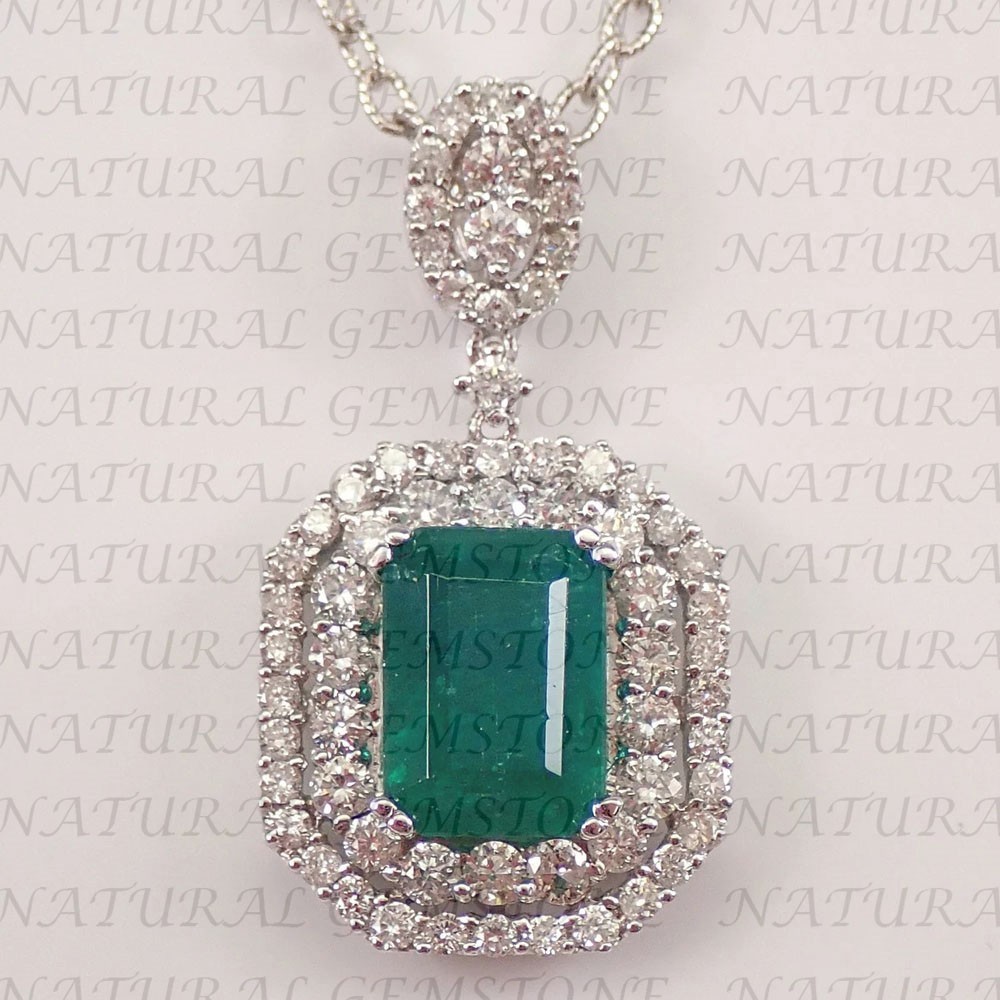 7Ct Emerald Cut Natural Green Emerald and Diamond Pendant 18K White Gold Plated
