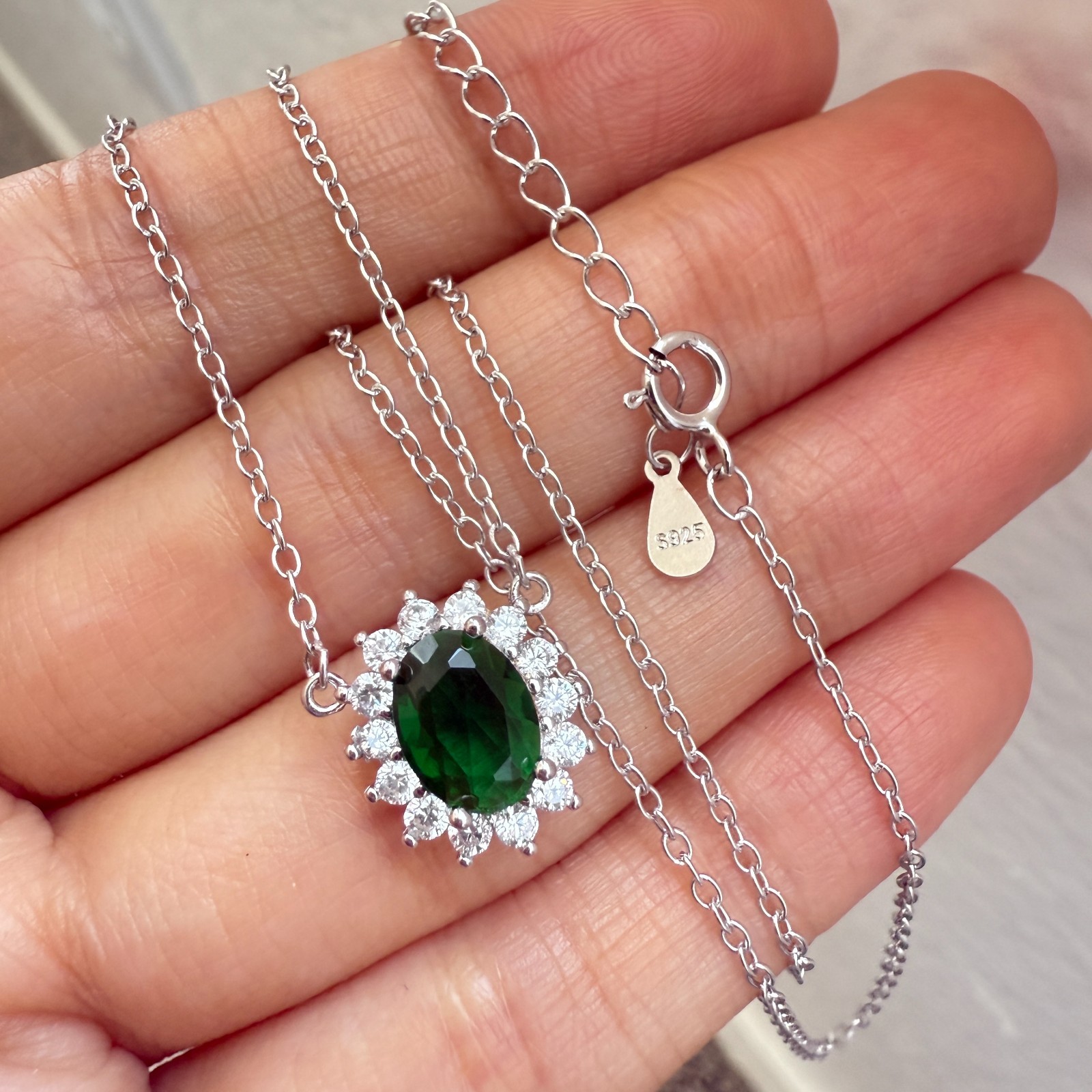 925 Sterling Silver Necklace 8x6mm Natural Emerald Zircon Flower Handmade Chain