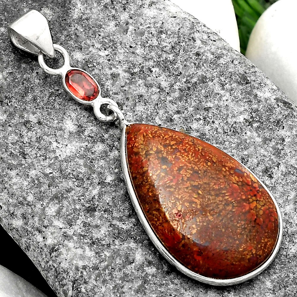 Natural Red Moss Agate & Garnet 925 Sterling Silver Pendant Jewelry P-1098